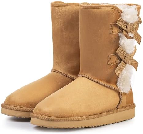KRABOR Womens Suede Snow Boots Mid-Calf Winter Shoes with Side Bows