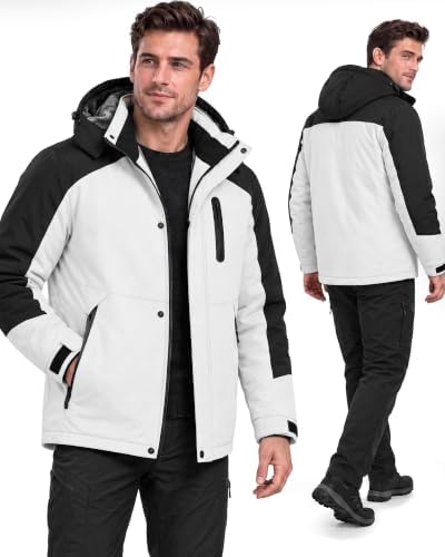 Yufawow Magnetic Placket No Fumbling Just Snap Men Winter Jacket Skiing Jacket Insulated Fleece Lined Waterproof Windbreaker for Snowboard Hiking Camping ATV Outdoor Work