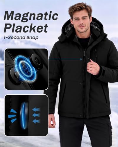 Yufawow Magnetic Placket No Fumbling Just Snap Men Winter Jacket Skiing Jacket Insulated Fleece Lined Waterproof Windbreaker for Snowboard Hiking Camping ATV Outdoor Work