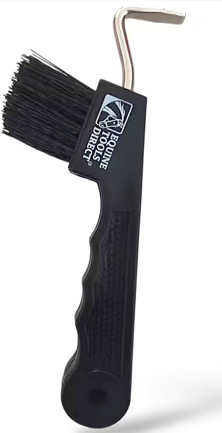 Horse Hoof Pick with Brush, Soft Touch Ergonomic Black Handle, Durable Plastic Hoof Cleaner Tool for Horses, Ponies & Farrier Use