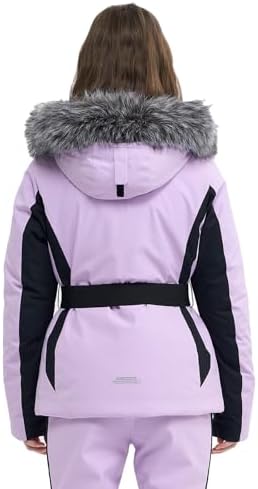 Womens Ski Jacket Fitted Snow Coat with Belted Fur Hood