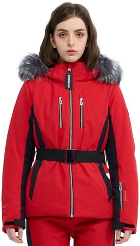 Womens Ski Jacket Fitted Snow Coat with Belted Fur Hood
