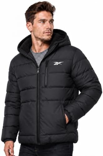 Reebok Mens Sherpa Lined Hooded Puffer Jacket, Quilted Winter Coat