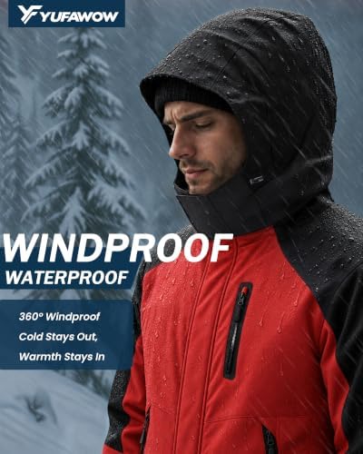 Yufawow Magnetic Placket No Fumbling Just Snap Men Winter Jacket Skiing Jacket Insulated Fleece Lined Waterproof Windbreaker for Snowboard Hiking Camping ATV Outdoor Work