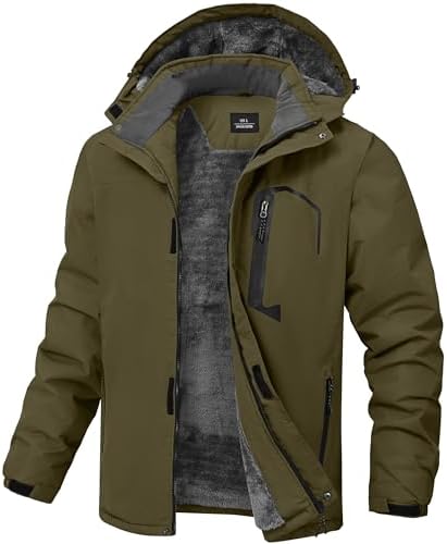 Mens Winter Jackets Waterproof Warm Fleece Ski Jacket with Hood Thermal Windproof Coat Zip Pockets