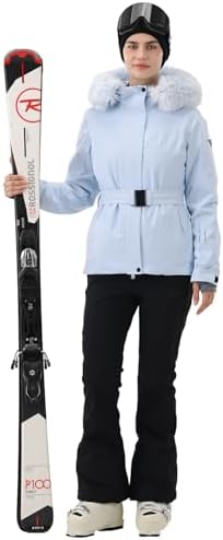 Womens Ski Jacket Fitted Belted Snow Coat with Fur Hood