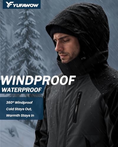 Yufawow Magnetic Placket No Fumbling Just Snap Men Winter Jacket Skiing Jacket Insulated Fleece Lined Waterproof Windbreaker for Snowboard Hiking Camping ATV Outdoor Work