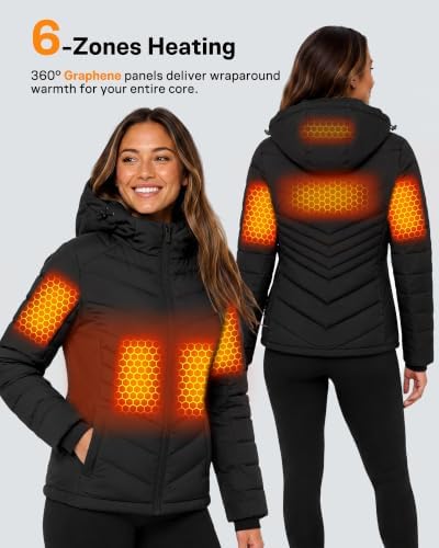 Wulcea Graphene Heated Jacket for Women Waterproof Puffer Hooded Slimming 12V 18400mAh Large Capacity Battery Fast Charge