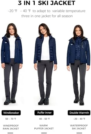 wantdo Women's 3 in 1 Ski Jacket Waterproof Winter Coat Snowboard Jackets