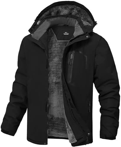Mens Winter Jackets Waterproof Warm Fleece Ski Jacket with Hood Thermal Windproof Coat Zip Pockets