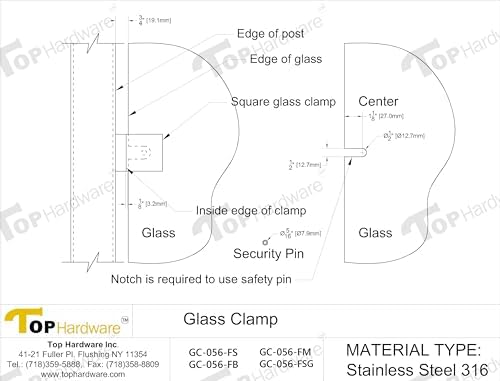 Stainless Steel 316 Square Flat Back Glass Clamp 55 x 55 mm for 3/8" - 1/2" Tempered Glass or Laminated Glass, Satin Brush Finish, GC-056S, 40 Pieces