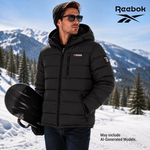 Reebok Mens Sherpa Lined Hooded Puffer Jacket, Quilted Winter Coat