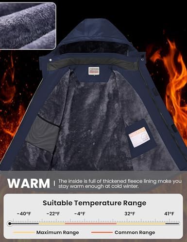 WULFUL Men's Waterproof Ski Jacket Warm Winter Coats Windproof Winter Jackets for Men Fleece Lined Windbreaker with Hood