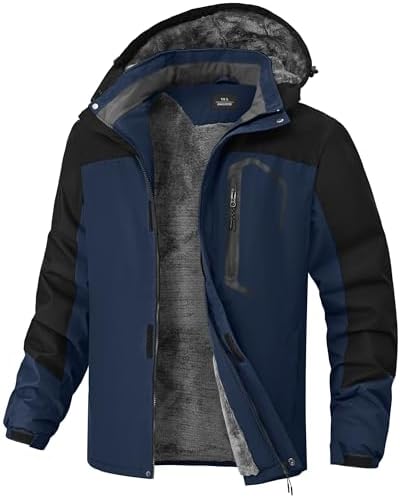 Mens Winter Jackets Waterproof Warm Fleece Ski Jacket with Hood Thermal Windproof Coat Zip Pockets