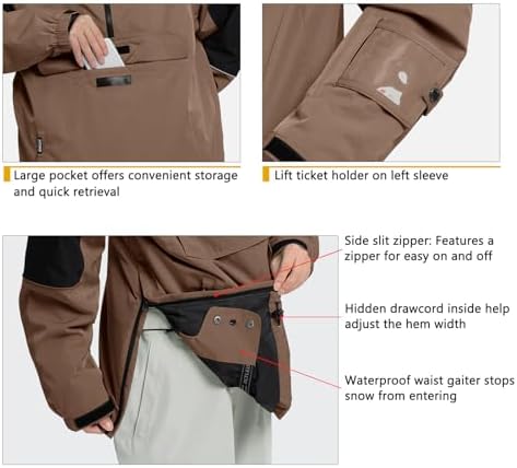 Mens Pullover Snowboard Jacket Waterproof Hooded Insulated Ski Jacket Warm Winter Snow Coat