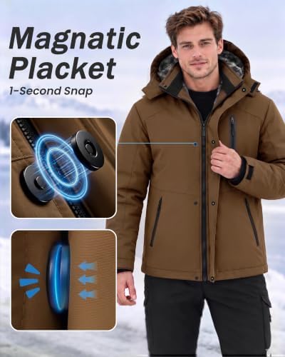 Yufawow Magnetic Placket No Fumbling Just Snap Men Winter Jacket Skiing Jacket Insulated Fleece Lined Waterproof Windbreaker for Snowboard Hiking Camping ATV Outdoor Work