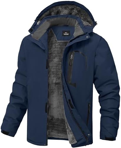 Mens Winter Jackets Waterproof Warm Fleece Ski Jacket with Hood Thermal Windproof Coat Zip Pockets