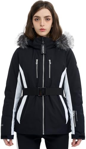 Womens Ski Jacket Fitted Snow Coat with Belted Fur Hood