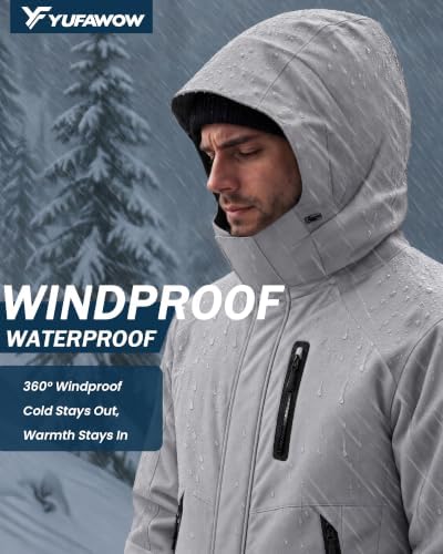 Yufawow Magnetic Placket No Fumbling Just Snap Men Winter Jacket Skiing Jacket Insulated Fleece Lined Waterproof Windbreaker for Snowboard Hiking Camping ATV Outdoor Work