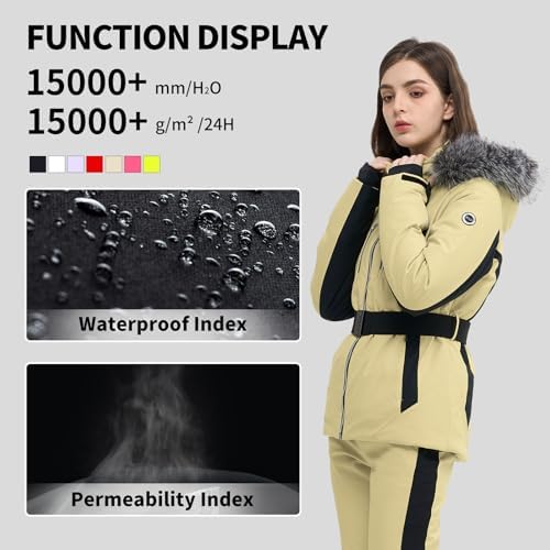 Womens Ski Jacket Fitted Snow Coat with Belted Fur Hood