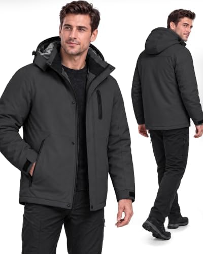 Yufawow Magnetic Placket No Fumbling Just Snap Men Winter Jacket Skiing Jacket Insulated Fleece Lined Waterproof Windbreaker for Snowboard Hiking Camping ATV Outdoor Work