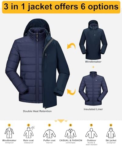 33,000ft Men's Hooded Waterproof 3 in 1 Snow Ski Jacket Winter Puffer Coat