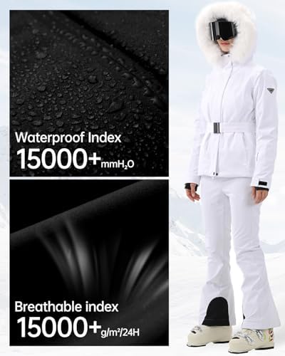 Womens Ski Jacket Fitted Belted Snow Coat with Fur Hood