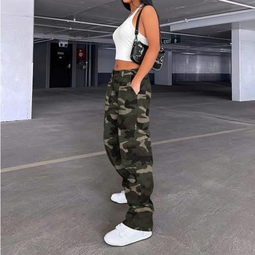 Lepunuo Cargo Pants for Women High Waisted Casual Pants Baggy Stretchy Wide Leg Y2K Streetwear with 6 Pockets