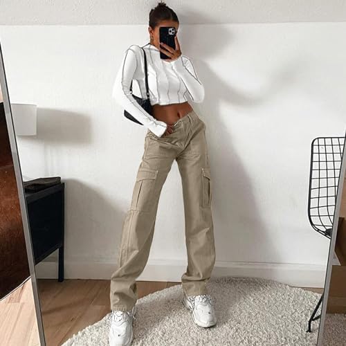 Lepunuo Cargo Pants for Women High Waisted Casual Pants Baggy Stretchy Wide Leg Y2K Streetwear with 6 Pockets