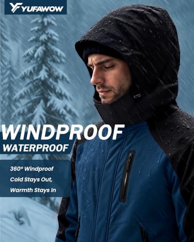 Yufawow Magnetic Placket No Fumbling Just Snap Men Winter Jacket Skiing Jacket Insulated Fleece Lined Waterproof Windbreaker for Snowboard Hiking Camping ATV Outdoor Work