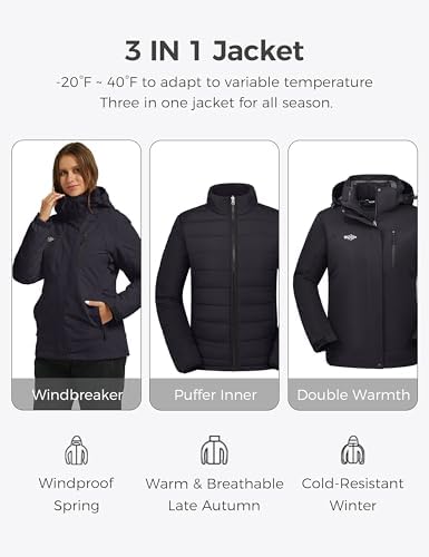 wantdo Women's 3 In 1 Ski Jacket Cotton Padded Liner Winter Coat