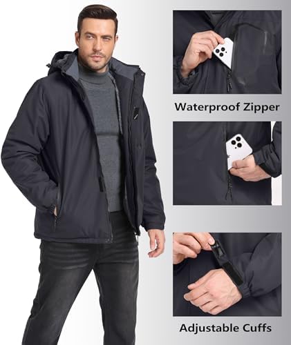 Mens Winter Jackets Waterproof Warm Fleece Ski Jacket with Hood Thermal Windproof Coat Zip Pockets