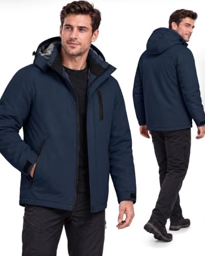 Yufawow Magnetic Placket No Fumbling Just Snap Men Winter Jacket Skiing Jacket Insulated Fleece Lined Waterproof Windbreaker for Snowboard Hiking Camping ATV Outdoor Work