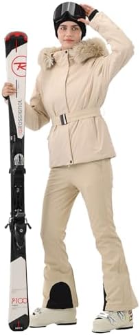 Womens Ski Jacket Fitted Belted Snow Coat with Fur Hood