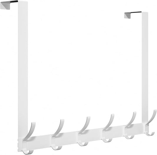 Over Door Hook Rack, White Over The Door Hanger,15 Inch Rail with 6 Hooks, Fits 1.75 Inch Doors（1Pack）