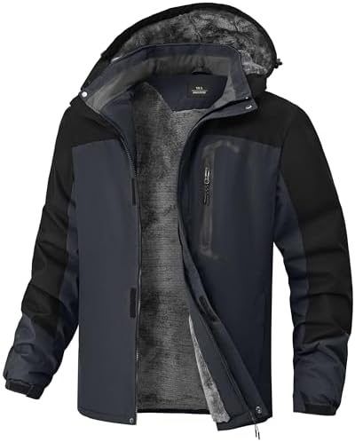 Mens Winter Jackets Waterproof Warm Fleece Ski Jacket with Hood Thermal Windproof Coat Zip Pockets