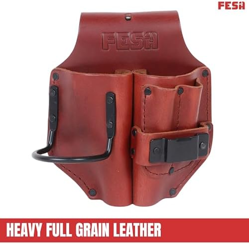 FESA Durable Leather Pliers Holster - Leather Double Plier Holder for Belt with Steel Hammer Holder, Tape Clip & 2 Carpenter's Pencil Pockets - Clip On Any Belt - Handcrafted
