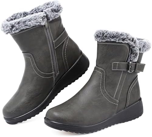 Womens Snow Boots Leather Winter Warm Boots Platform Ankle Booties