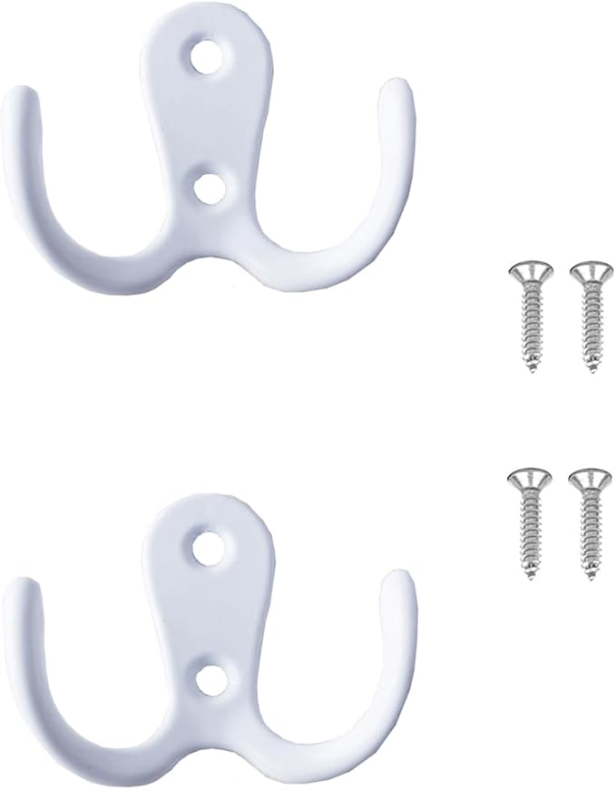 2 Pcs Double Prong Robe Hooks, Dual Coat Hooks Wall Mounted Hanging Clothes for Bathroom Bedroom Door Wall Retro Metal Cloth Hanger Double Coat Hooks with 4 Screws (White)