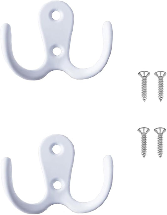 2 Pcs Double Prong Robe Hooks, Dual Coat Hooks Wall Mounted Hanging Clothes for Bathroom Bedroom Door Wall Retro Metal Cloth Hanger Double Coat Hooks with 4 Screws (White)