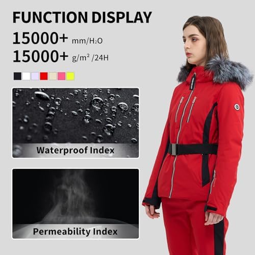Womens Ski Jacket Fitted Snow Coat with Belted Fur Hood