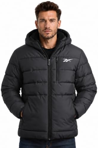 Reebok Mens Sherpa Lined Hooded Puffer Jacket, Quilted Winter Coat