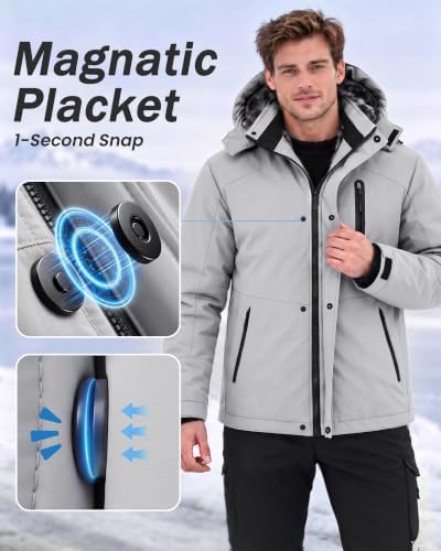 Yufawow Magnetic Placket No Fumbling Just Snap Men Winter Jacket Skiing Jacket Insulated Fleece Lined Waterproof Windbreaker for Snowboard Hiking Camping ATV Outdoor Work