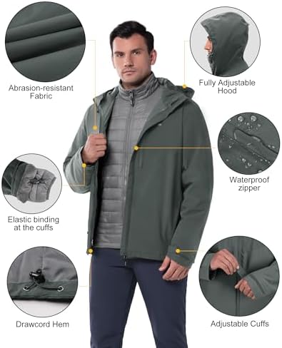 33,000ft Men's Hooded Waterproof 3 in 1 Snow Ski Jacket Winter Puffer Coat