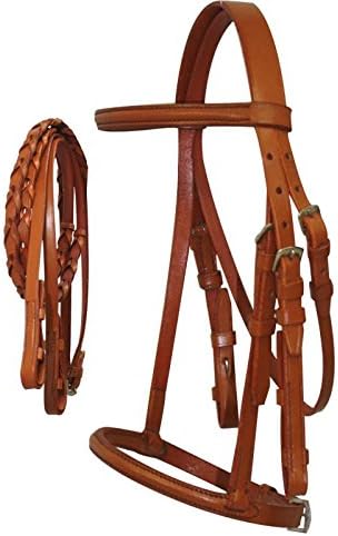 Cobb Size English Headstall w/Raised Browband & Braided Leather Reins