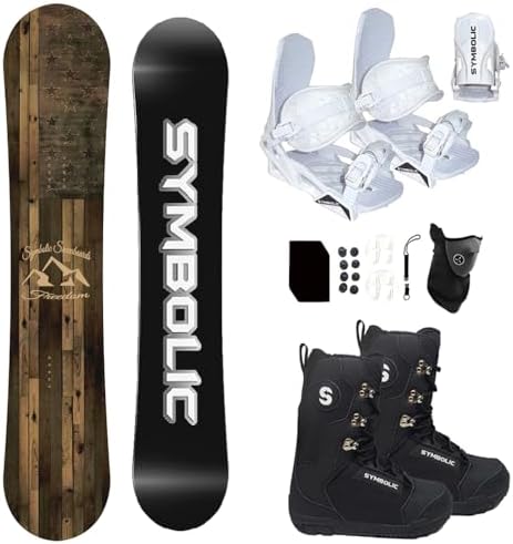 Symbolic Freedom Flag USA Snowboard , Bindings, and Boots Package with Leash, Stomp, Mask, Men Women Kids Regular-Wide