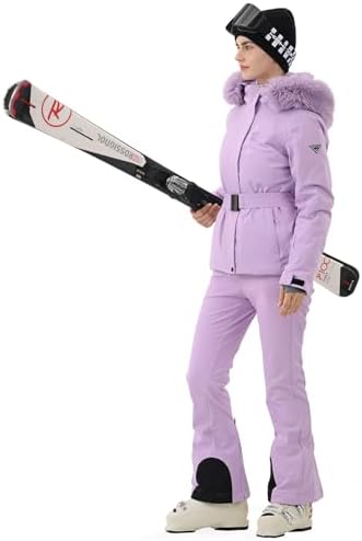Womens Ski Jacket Fitted Belted Snow Coat with Fur Hood