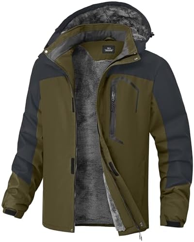 Mens Winter Jackets Waterproof Warm Fleece Ski Jacket with Hood Thermal Windproof Coat Zip Pockets