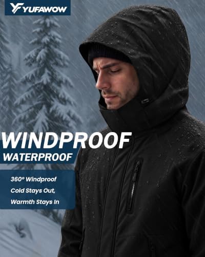 Yufawow Magnetic Placket No Fumbling Just Snap Men Winter Jacket Skiing Jacket Insulated Fleece Lined Waterproof Windbreaker for Snowboard Hiking Camping ATV Outdoor Work