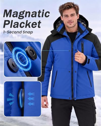 Yufawow Magnetic Placket No Fumbling Just Snap Men Winter Jacket Skiing Jacket Insulated Fleece Lined Waterproof Windbreaker for Snowboard Hiking Camping ATV Outdoor Work